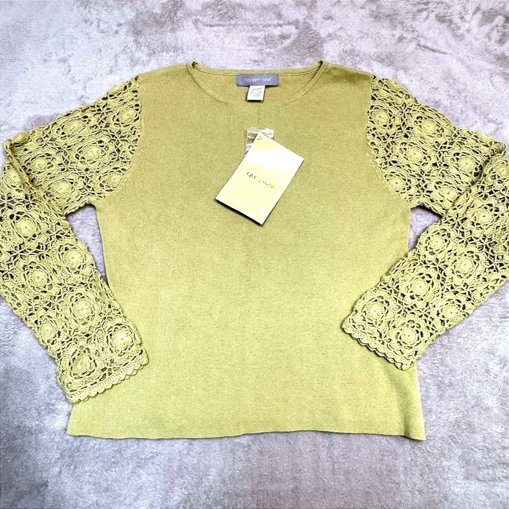 Cottagecore Sage Green Knit Crochet Lace Linen Cotton NWT Modern Soul QVC Medium